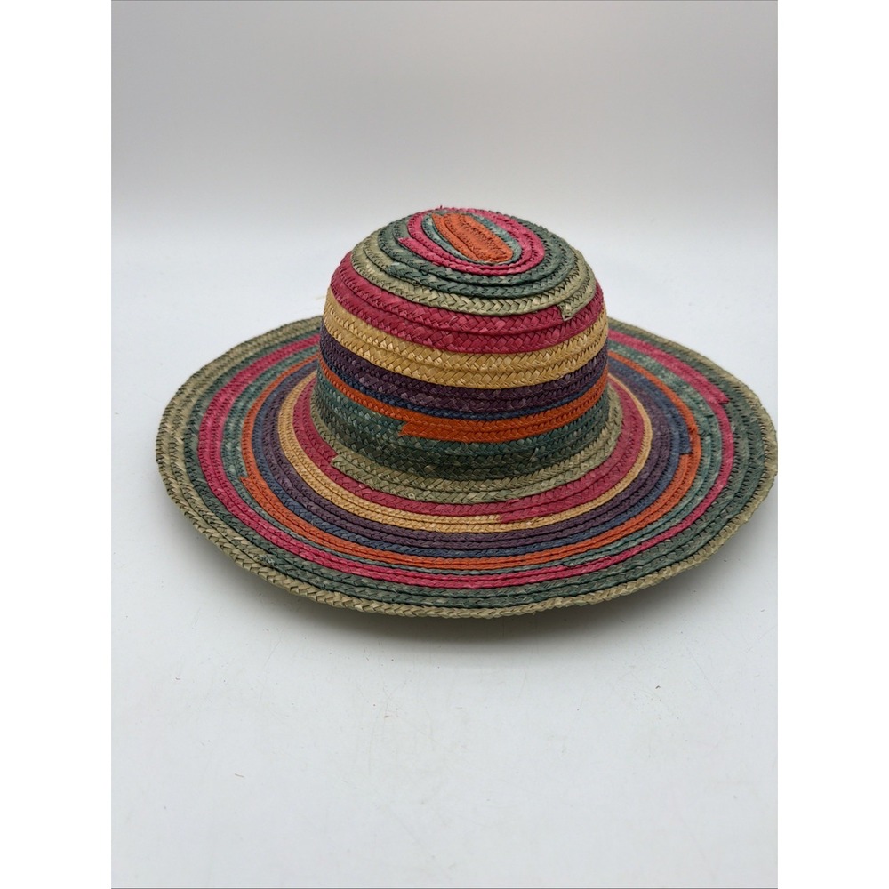 colorful, wide-brim straw hat featuring vibrant rainbow